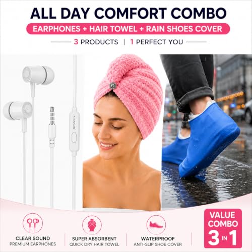 Image of 3-in-1 Daily Essentials Combo | Wired Earphones, Quick Dry Microfiber Hair Towel Wrap & Waterproof Reusable Shoe Covers | Multi-Purpose Utility Combo for Men & Women
