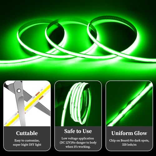 Image of iNextStation COB LED Strip Light Green 16.4ft /5M DC12V CRI 93+ Flexible LED Tape Lights 8mm for Bedroom, Kitchen, TV Backlight, Cabinet, Stage, Home DIY Lighting Decor(No Plug)