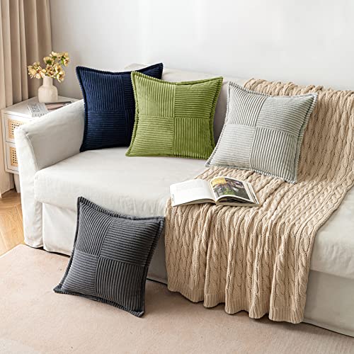 Image of MIULEE Spring Decorative Throw Pillow Covers for Couch Bed Livingroom 20x20 Inch Set of 2 Green Boho Accent Throw Pllows Broadside Striped Patchwork Soft Corduroy Summer Pillowcases