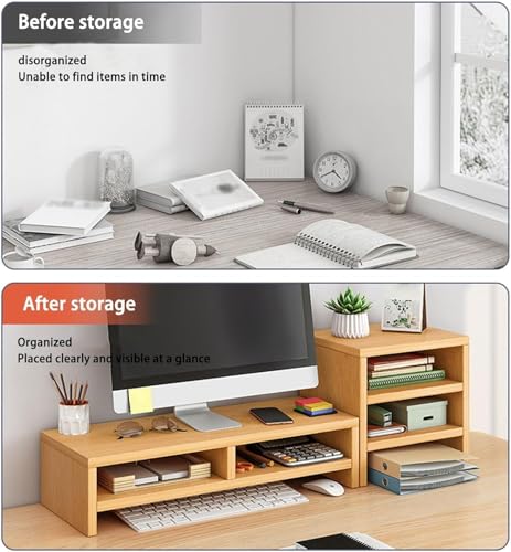 Image of Wooden Monitor Stand Riser with Storage Compartment and Lockable Storage Drawer Stand | Adjustable Desktop Organizer for Computer, Flax, Laptop & Printer (Monitor Stand (wood) 6 Box)