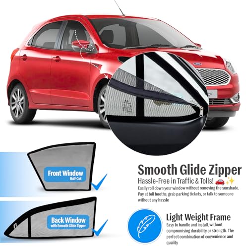 Image of Autofact Magnetic Car Sunshades Compatible with Ford Figo Old (2008 to 2014) (Set of 4) - Easy Installation, UV Protection (Front 2 Half-Cut for Side Mirror Visibility, Rear 2 with Zippers)