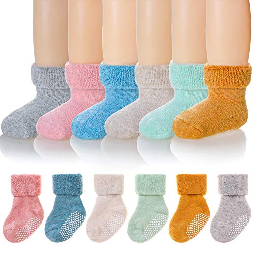 Baby Boys Girls Non Skid Socks Toddler Children Winter Wool Soft Thick Kids Warm Grip Socks (6 Pairs Solid Color, 3-5T)