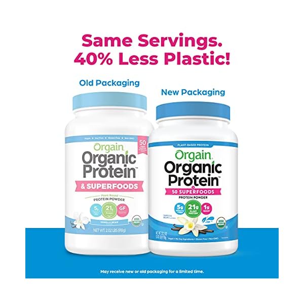 Orgain-Organic-Plant-Based-Protein-Superfoods-Powder-Vanilla-Bean-Vegan-Non-Dairy-Lactose-Free-No-Sugar-Added-Gluten-Free-Soy-Free-Non-GMO-202-lb Orgain Organic Protein + Superfoods Powder, Vanilla Bean - 21g of Protein, Vegan, Plant Based, 5g of Fiber, No Dairy, Gluten, Soy or Added Sugar, Non-GMO, 2.02lb