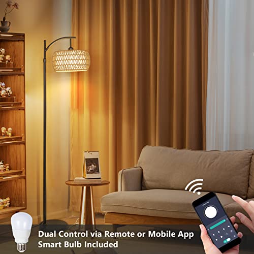 Arc Floor Lamp With Remote Control, Dimmable Led Floor Lamp With 3 Color Temperature, Black Standing Lamp With Rattan & Fabric Double Drum Shade, Boho Farmhouse Tall Pole Lamp For Living Room Bedroom #TOP4