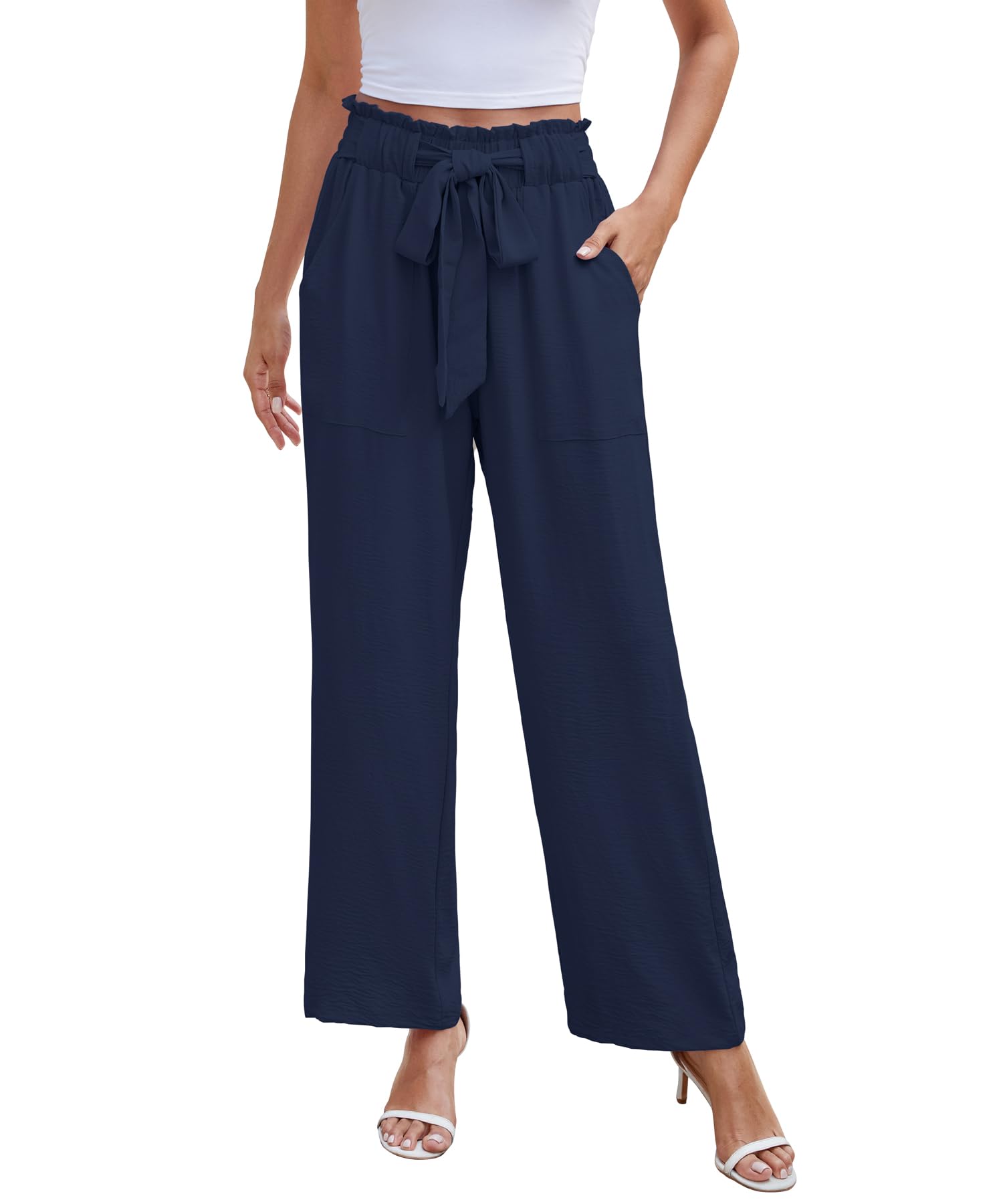 NILOUFO Women Summer Casual Wide Leg Pants High Waisted Elastic Tie Knot Boho Beach Trousers with Pockets Navy