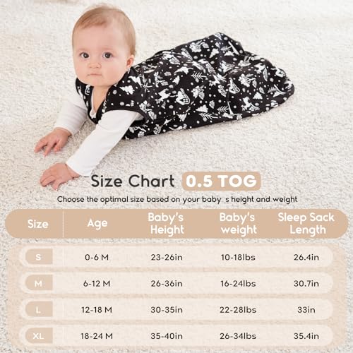 Yoofoss Baby Sleep Sack 0-6 Months 0.5 TOG Baby Wearable Blanket, 100% Organic Cotton Infant Toddler Sleeping Sack 2-Way Zipper Lightweight Sleep Sack, Black Forest