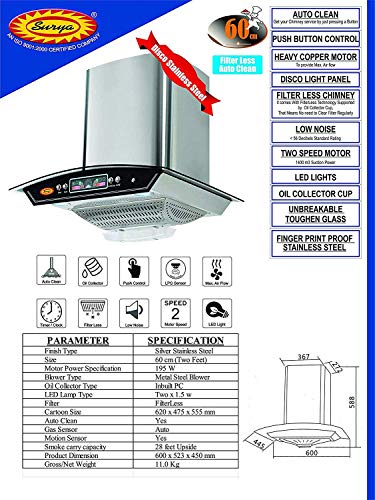Image of SURYA Chimney for Home with Auto Clean in Stainless Steel