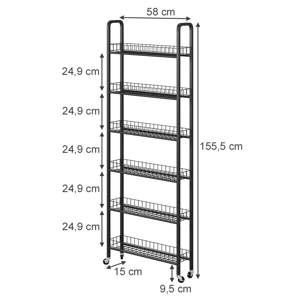 Vicco Piedistallo mobile Rolivo, Nero, 58 x 15 cm con 6 scomparti, posizionabile in modo flessibile su ruote per spazi stretti