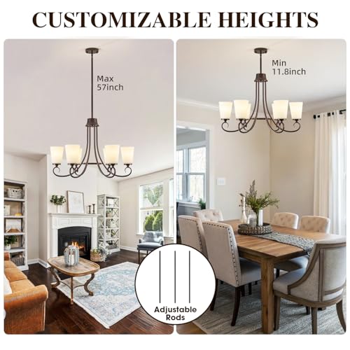 Image of 6-Light Modern Oil Rubbed Bronze Chandeliers for Dining Room 50'' Adjustable Height Farmhouse Pendant Light with Frosted Glass Shades,Brown Chandeliers Hanging Lamp for Kitchen Island Entryway