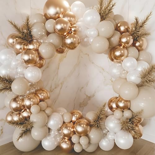 Image of Balloon Garland Set, 57 Pieces, White Metallic, Sand White, Copper Chrome, Clear Balloons, Round Latex, Birthday Anniversary Decoration