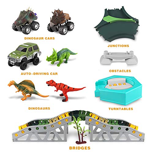 EpochAir Dinosaur Toys - Dinosaur World Road Race, Flexible Track Toy Set for 3 4 5 Year Old Boy Girl Kids, (192Pcs Include 3 Cars,4 Dinosaur Models, 4 Trees) - Thumbnail 4