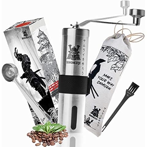 SHOKUJI Manuelle Edelstahl-Kaffeemühle - Grinder/Handmühle mit stufenlos verstellbarem Keramik-Mahlwerk Cover