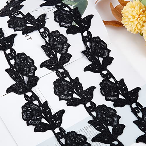 GORGECRAFT 5 Yards Lace Applique Trim 3.2 Inch Black Flower Embroidery Lace Edge Trimmings Floral Embroidered Applique Ribbon for DIY Sewing Crafts Wedding Bridal Dress Embellishment Party Decoration - Image 4