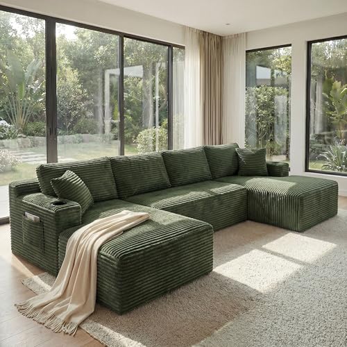Image of 133 inch Oversized Cloud Boneless Sofa Couch with Chaise, Modern Corduroy U Shaped Modular Sectional Sofa with Deep Seat, Comfy Couch with Cupholders and Storage, No Assembly Required-Green