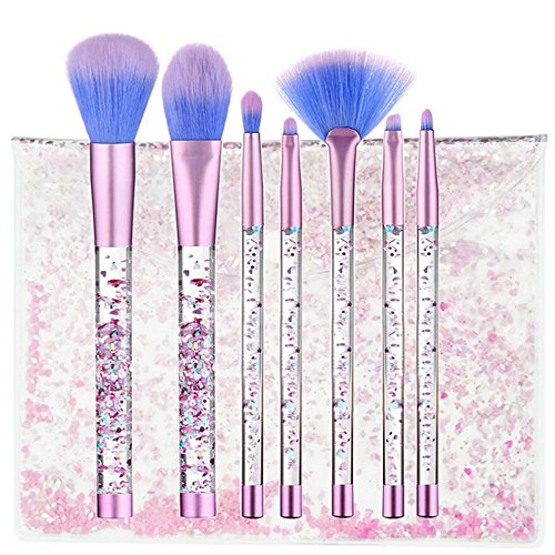 Coshine 7pcs Unicorn Series Shiny Crystal Liquid Quicksand Acrylic Handle Nylon Hair Makeup Tool Brush Set avec Crystal Bag