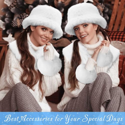 Winter Faux Fur Collar Scarf Wrap Winter Fuzzy Bucket Hat Ear Muffs Foldable Faux Fur Wrist Cuffs Set for Women 7