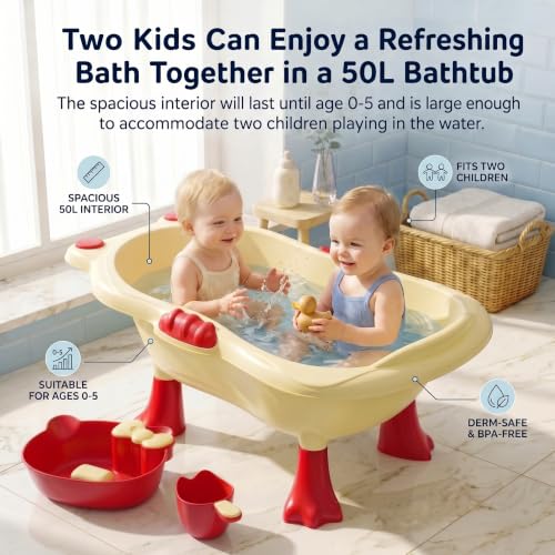 Image of StarAndDaisy Baby Bath Tub for 0 to 5 Years with Bathing Accessories Tray & Mug | Baby Bather for 0 to 2 Years | BPA Free Baby Bath tub for Kids 0-3 Years with 4-Leg Support (Cream-Red., Bathtub with Legs)