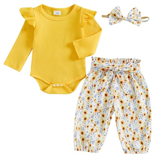 Image of Mubineo Baby Girl Clothes Cute Outfits Ruffle Romper Flower Tops Pant Set Infant Long Sleeve Fall Winter Newborn Outfit (Yellow Flower, 0-3 Months)