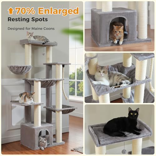 Image of MUTTROS Large Cat Tree for Maine Coon - 67 inch Tall Cat Tower with 7 Thick (φ4.3) Scratching Posts, XXL Cat Condo with Super Large Perch & Cozy Hammocks, Engineered for Big Cats (20+ lbs) - Gray