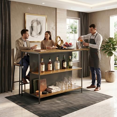 Image of Klaxon Modern Bar Table with Foldable Wine Rack, Counter Height Pub Bistro Table for Kitchen & Dining Area, Forest Dark (DIY Installation)