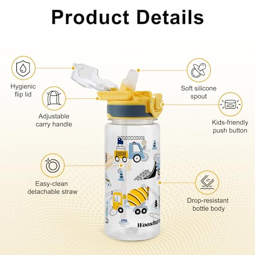 wooshwa Trinkflasche Kinder mit Strohhalm 600ml Auslaufsicher Sport Trinkflaschen Schule Wasserflasche Jungen Mädchen zum Wandern & Fitnessstudio mit Tragegriff BPA-frei - Bagger