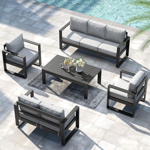 LayinSun 5 Pieces Aluminum Outdoor Patio Furniture Set, Metal Modern Conversation Sofa Set with Coffee Table and Washable Thick Cushions for Porch, Backyard, Deck