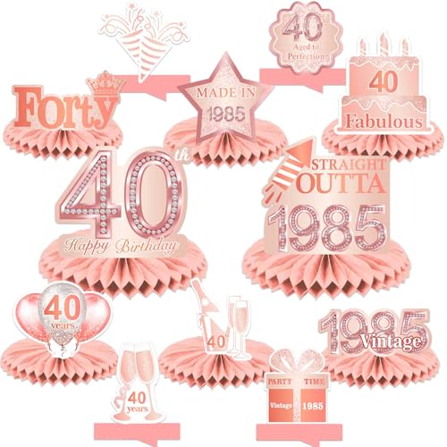 Happy 40th Birthday Rose Gold Table Honeycomb Centerpieces Balloons Theme Decor Table Decorations Table Toppers for Girls Women Sweet Princess 40 Years Old Pink Birthday Party Bday Supplies Ornament
