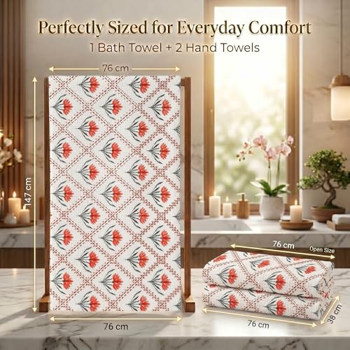 Image of Mafatlal Madhuban Lightweight Cotton Set (1 Bath 147x76 cm + 2 Hand 76x38 cm) | 250 GSM | Floral Hand Print, Quick Dry | Koi White Color