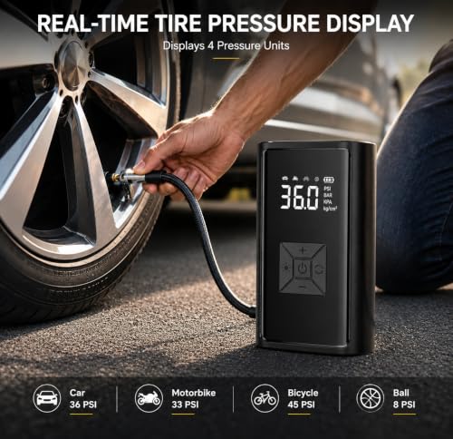 Image of LIVOWALNY Tyre Inflator for Car and Bike, Upto 150 PSI 12V DC Portable Air Compressor Pump with Digital LED Display, Emergency Light & 4 Intelligent Modes, Corded Electric Tyre Air Pump for Car