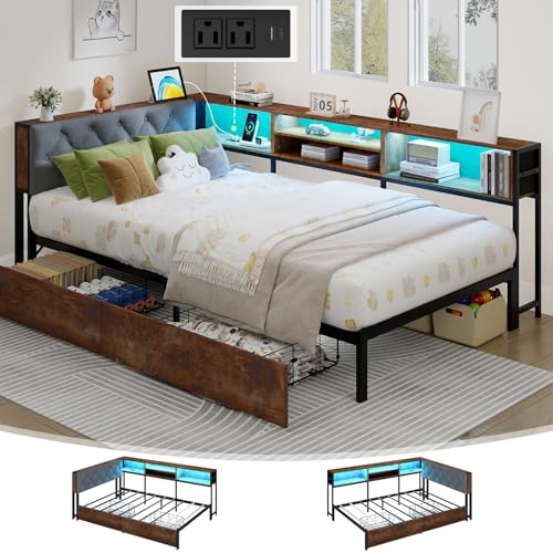 Corner Bed Frame Twin Size with Storage Bookcase and Headboard, Platform Corner Bed with LED Lights and Charging Station, Twin Size Daybed with Storage Drawers for Kids Teens Guests, Dark Gr
