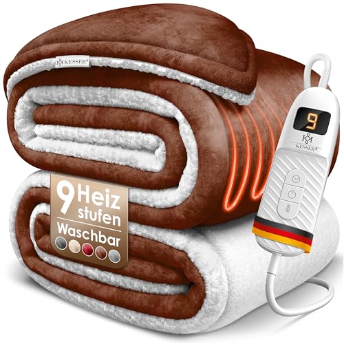 KESSER® Heizdecke mit Abschaltautomatik 180x130cm Doppelseitig Elektrische Wärmedecke | Kuscheldecke Bett, Sofa | 9 Temperaturstufen | waschbar bis 40°C | mit Timer Digitalanzeige Braun