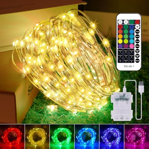 10M 100er Bunt Lichterkette Batterie & USB, 132 Modi 16 Farben LED Lichterkette Au&szlig;en, Lichterkette Innen mit Fernbedienung, Kupferdraht Lichterkette Dimmbar f&uuml;r Valentinstag Zimmer Garten