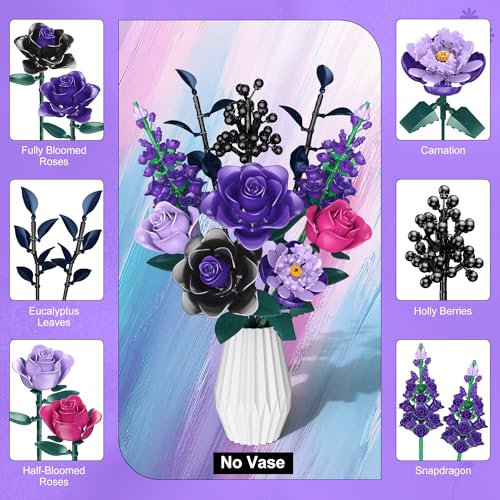 Purple Rose Building Blocks Set for Kids, 701PCS Flower Bouquet Toy, DIY Artificial Plant Gift for Girls, Women, Valentine's Day, Birthday, Mother's Day, Halloween Home Decor - Image 4