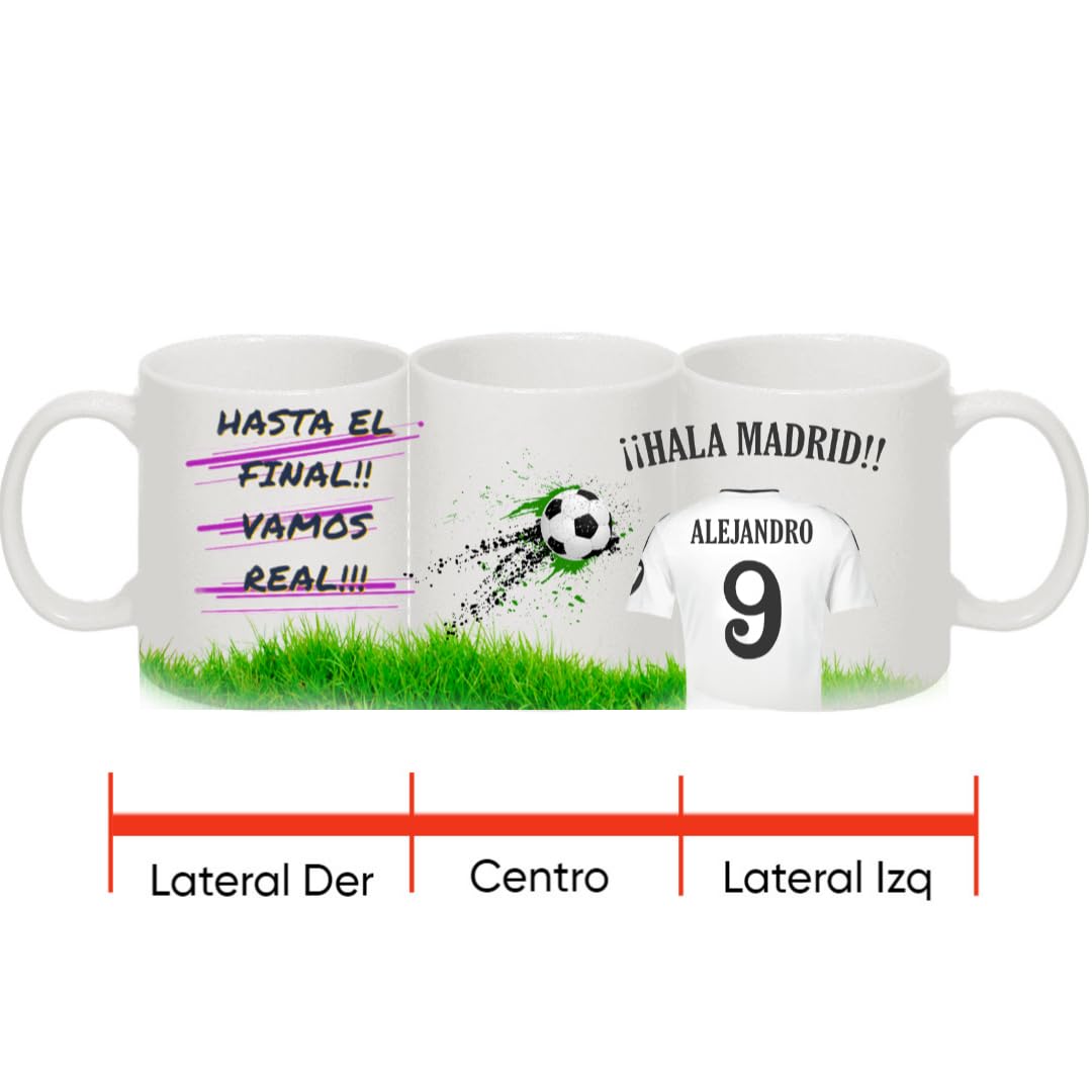 Taza personalizada del Madrid - Regalos originales - Regalos futbol - Camiseta equipos de futbol - Personaliza tu taza con tu nombre y tu numero - Regalos niños R Madrid