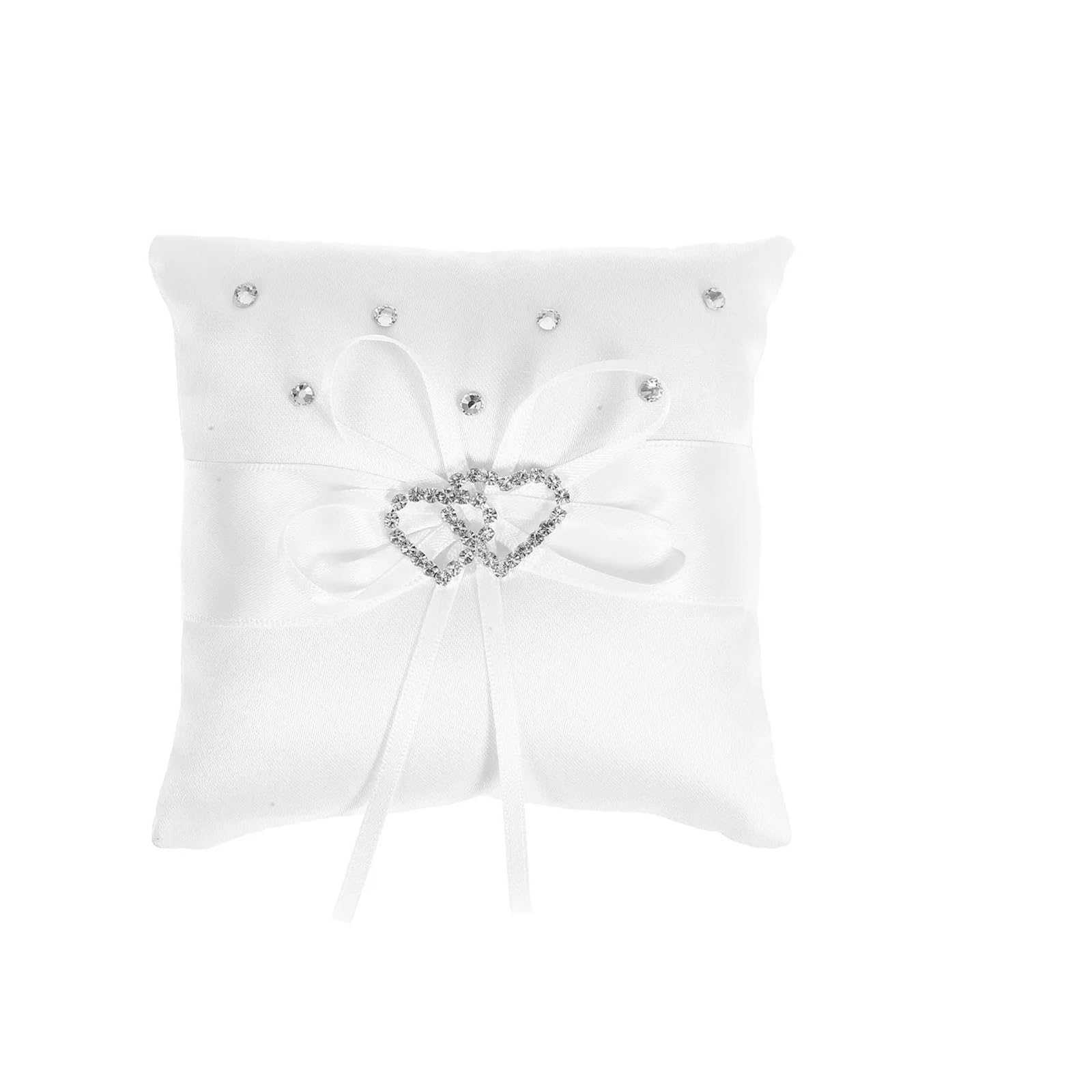 HEUchuan wedding ring cushion 10x10cm White Wedding Ring Pillow Double Heart Rhinestone Buckle Satin Ribbon Decor Bearer Cushion for Ceremony Bridal