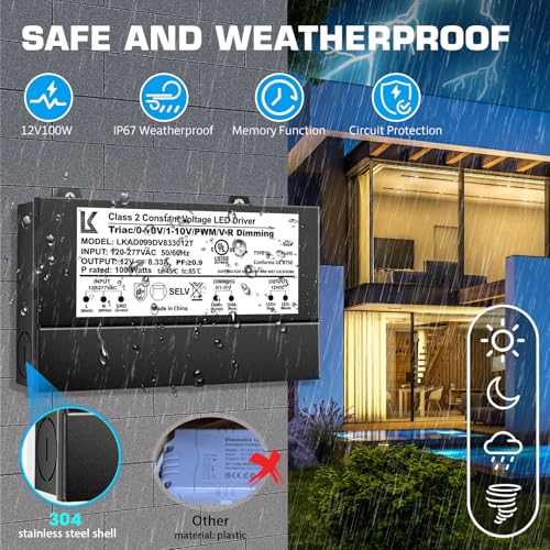 Image of 12V 100W Dimmable LED Driver, 5-in-1 Triac /ELV /MLV /0-10V /1-10V /PWM /V-R Dimming AC to DC Power Supply, IP67 Waterproof LED Transformer, UL Listed, Compatible with Lutron & Leviton Dimmer