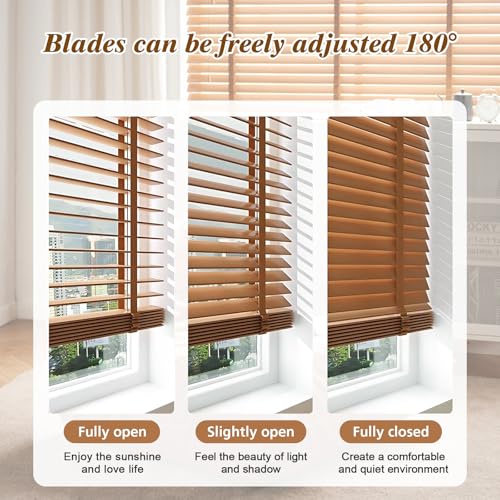 Faux Wood Blinds 2 Inch Cordless, Room Darkening Mini Venetian Horizontal Blinds & Shades for Indoor Windows, Office, Living Room, Bedroom, Multiple Colors