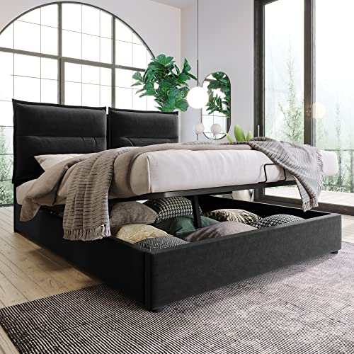 Oyemige Letto Imbottito Idraulico 140x200 cm, Letto Matrimoniale con Testata Regolabile in Altezza e Cassetti, Struttura Del Letto con Doghe in Legno in Velluto, Senza Materasso, Grigio