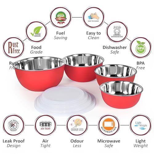 Image of Microwave Safe Stainless Steel Food Storage Container with Lid | Euro Mixing Bowl Set for Kitchen | 500ml, 750ml, 1250ml, 2000ml | Pack of 4 (Red Plain 4)
