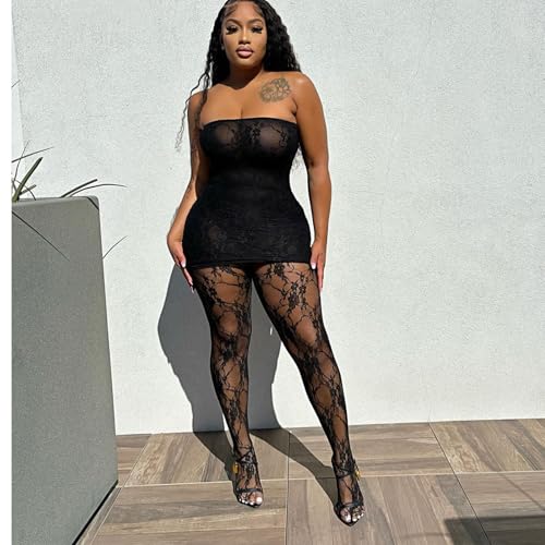 Women Sexy 2 Piece Outfits Clubwear Lace Mesh Tube Mini Dress Top with Stockings Legging Set Birthday Outfits4