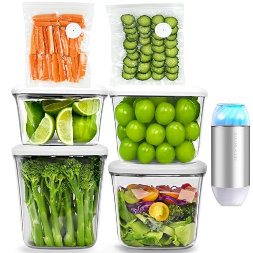 Image of DREAMEALTHY 4 Vacuum Seal Containers with Compact Handheld Vacuum Sealer, 2 Sous Vide Bags, One-Touch Sealing, BPA Free Tritan, Airtight Food Storage Container with Lids also for Liquid
