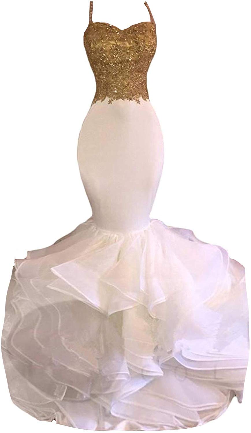 Aiyi Women's Gold Lace Mermaid Spaghetti Strap Organza Evening Prom Dress White US 10