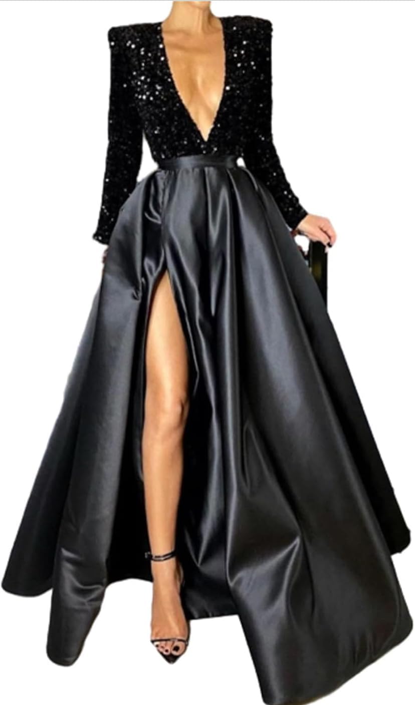 Black Long Sleeves Prom Dresses for Women Long Ball Gown Sparkly Sequin Satin Formal Evening Gowns