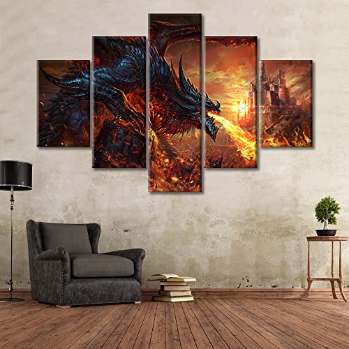 Tumovo Framed Canvas Wall Art Dragon And Castle Pictures For Living Room Modern Canvas Art Prints Posters Large Wall Art Artwork For Home Walls Contemporary Wall Decorations For Men, 60"X40" #TOP21