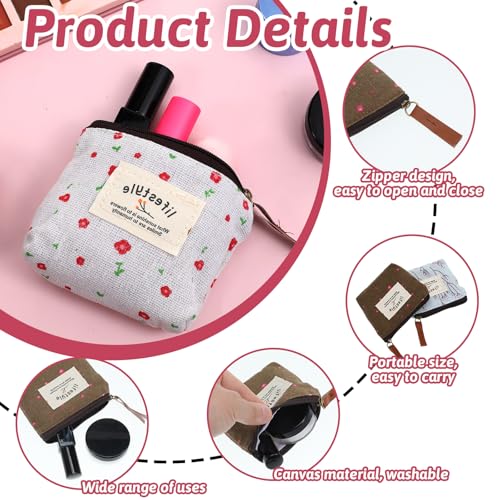 Mini Makeup Bag, 4 Pcs Linen Floral Small Makeup Bag for Purse Portable Small Zipper Pouch Cute Fabric Mini Cosmetic Bags for Women Girls Home Travel Lipstick Coin Cards Storage (4 Style)3