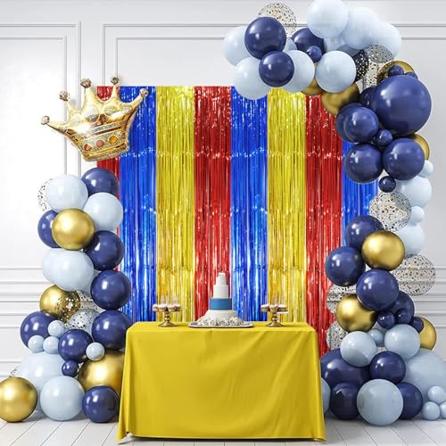Image of Voircoloria 2 Pack Blue Red Gold Foil Fringe Backdrop Curtains, Tinsel Streamers Party Decorations, Fringe Backdrop, Door Shimmer for Birthday Party
