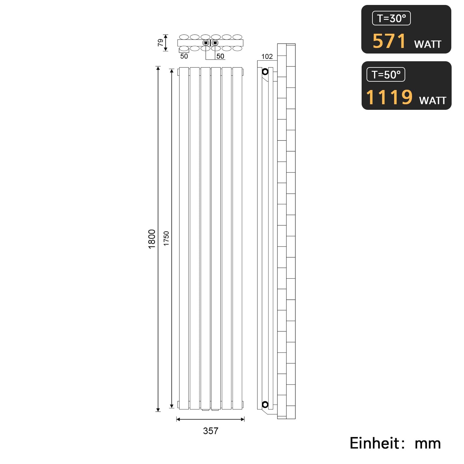 ELEGANT Radiador de panel de diseño tubular, 1800 x 354 mm, color blanco, doble capa, conexión central, tubo vertical