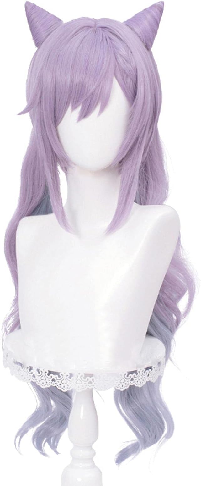 WHBHD Kосплей Game Genshin Impact Keqing Cosplay Париоаний Wig Ekor Kuda Campuran Ungu Tahan Panas Halloween Sintetis