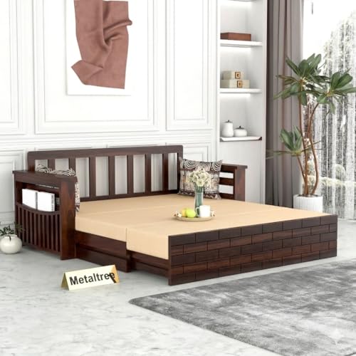 Image of Sheesham Wood Sofa Cum Bed with Mattress - 3 Seater Wooden Sofa Bed for Living Room | Solid Wood Convertible Diwan Couch with Side Storage (Design 3)