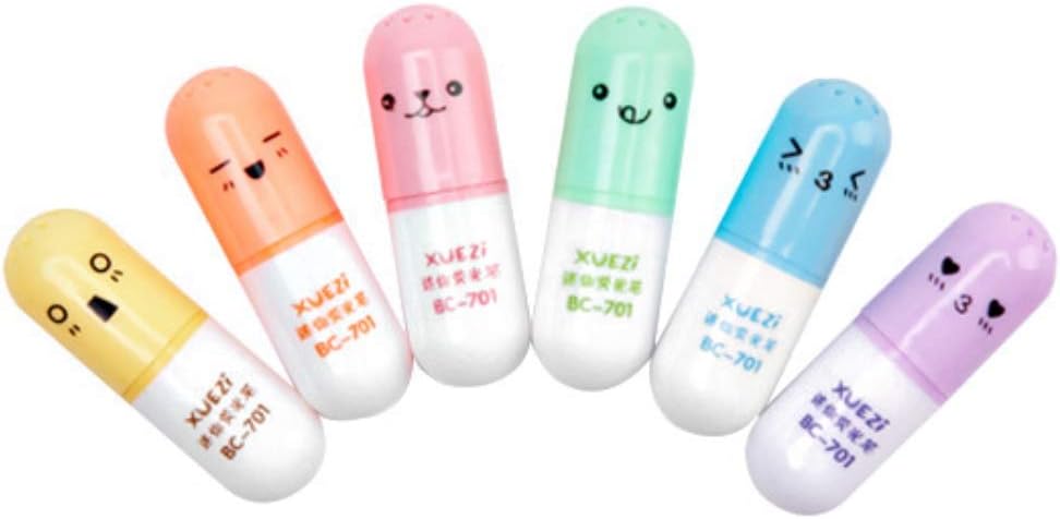 KINHOO 6Pcs Rainbow Highlighter Pens Capsule Shaped Marker Pens Fluorescent Painting Supplies